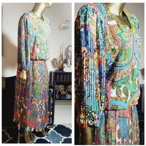 Vintage Diane Freis psychidelic maximalism paisley beaded designer Georgette Set